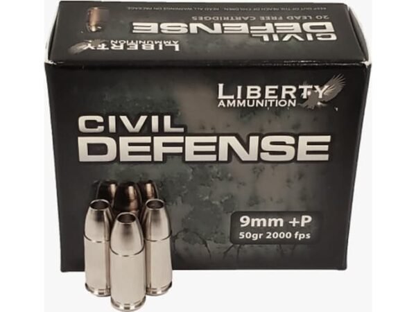 Liberty Ammunition Civil Defense 9mm Luger +P Ammo 50 Grain Fragmenting Hollow Point Lead Free Box of 20
