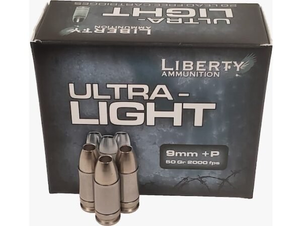 Liberty Ammunition Ultra Light 9mm Luger +P Ammo 50 Grain Fragmenting Hollow Point Lead Free Box of 20