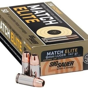 Sig Sauer Match Elite 9mm Luger Ammo 147 Grain Sig V-Crown Jacketed Hollow Point Box of 50
